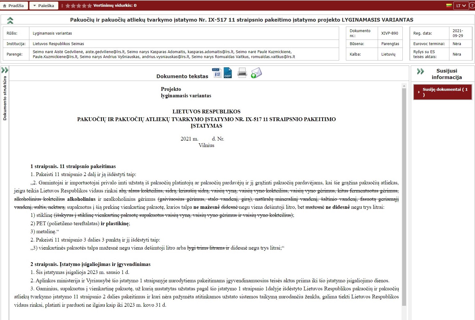 LRS seime registruotas projektas