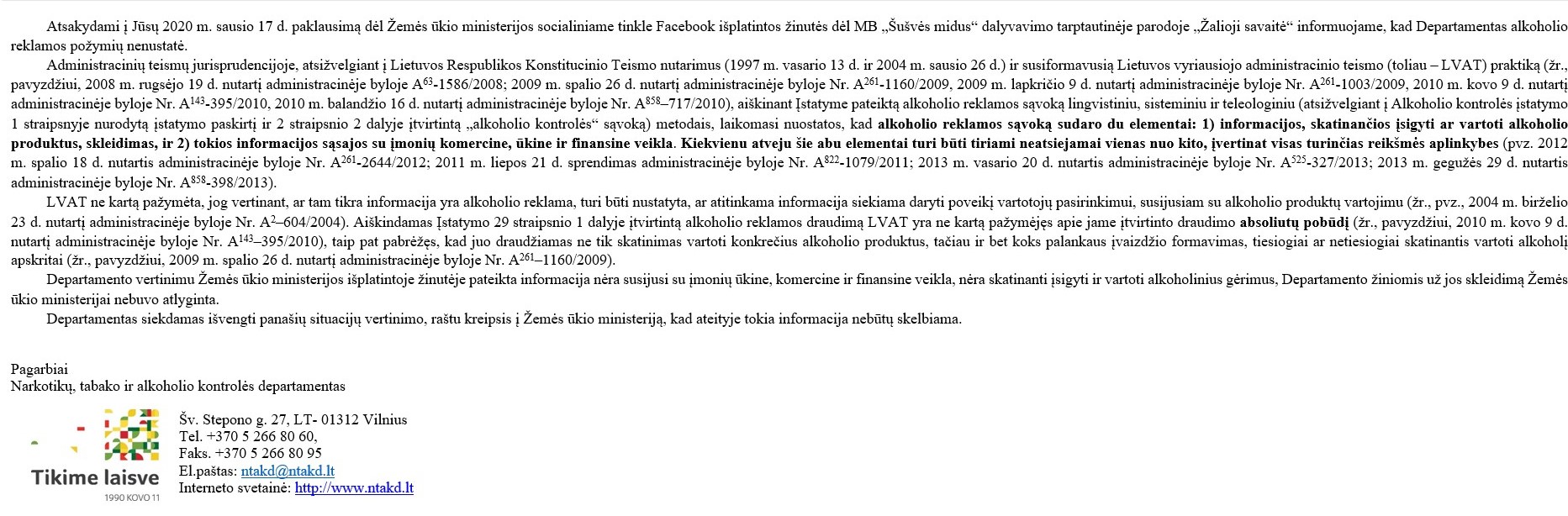 NTAKD atsakymas Vyno žurnalui dėl &Scaron;u&scaron;vės midaus reklamos